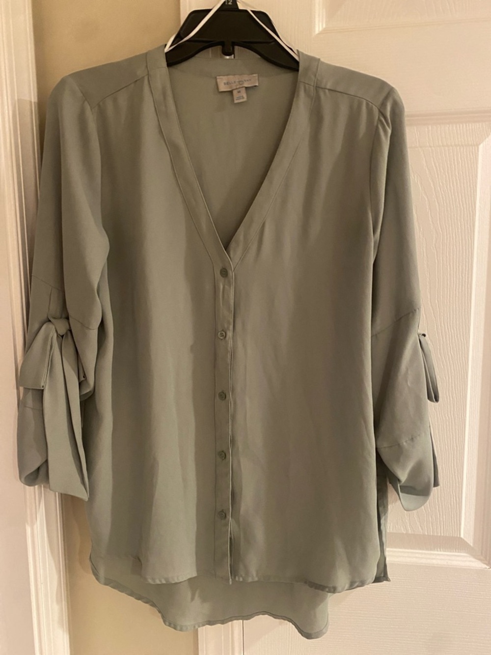 belle sky Sage Green V-Neck Button Blouse with Sleeve Ties